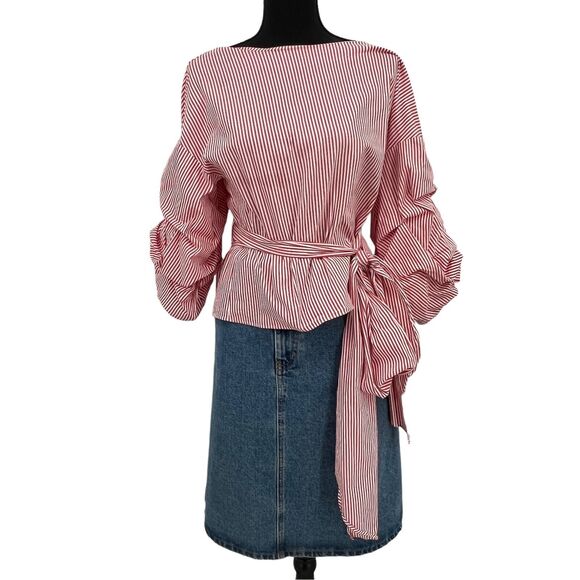 Zara Red & White‎ Striped Puff Sleeve Wrap Career Workwear Business Blouse Med - Picture 3 of 7